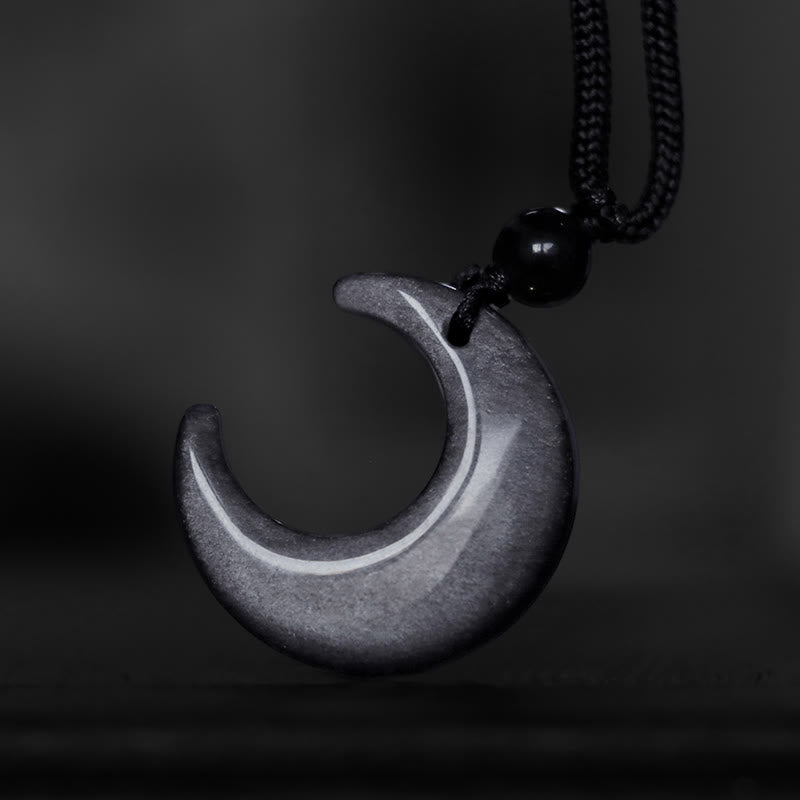 Nimara Ritual Natural Silver Sheen Obsidian Selenite Crystal Crescent Moon Yin Yang Couple Protection Necklace Pendant