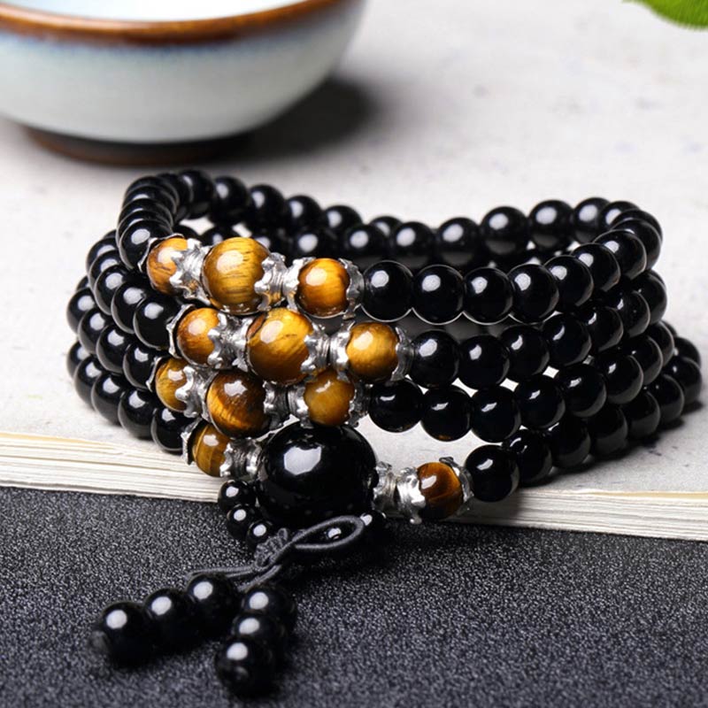 Nimara Ritual 108 Beads Natural Black Obsidian Tiger Eye Mala Bracelet