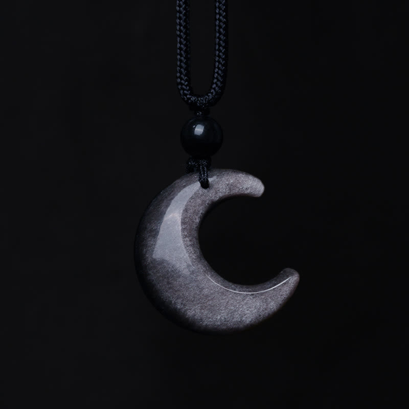 Nimara Ritual Natural Silver Sheen Obsidian Selenite Crystal Crescent Moon Yin Yang Couple Protection Necklace Pendant