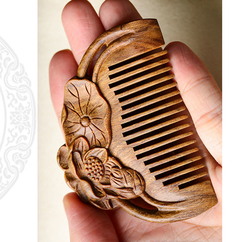 Nimara Ritual Natural Green Sandalwood Lotus Flower Leaf Engraved Soothing Comb