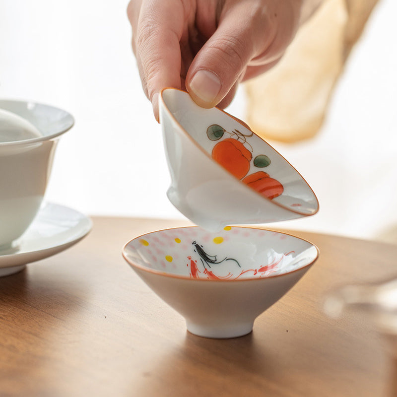 Nimara Ritual Mandala Flower Koi Fish Lotus Bird Persimmons Teacup Kung Fu Tea Cup 50ml