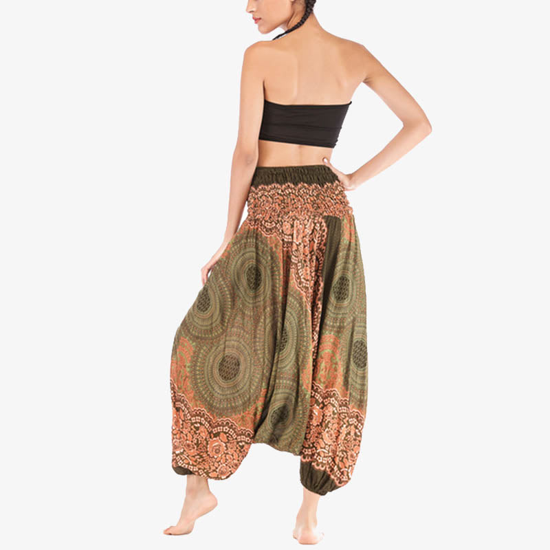 Nimara Ritual Two Style Wear Round Geometric Pattern Loose Smocked Harem Trousers Jumpsuit High Waist Women's Yoga Pants