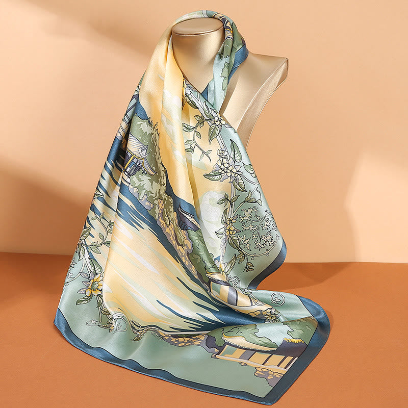 Nimara Ritual Pastoral Scene Hot Air Balloon Spring Blossom 100% Mulberry Silk Neck Hair Scarf