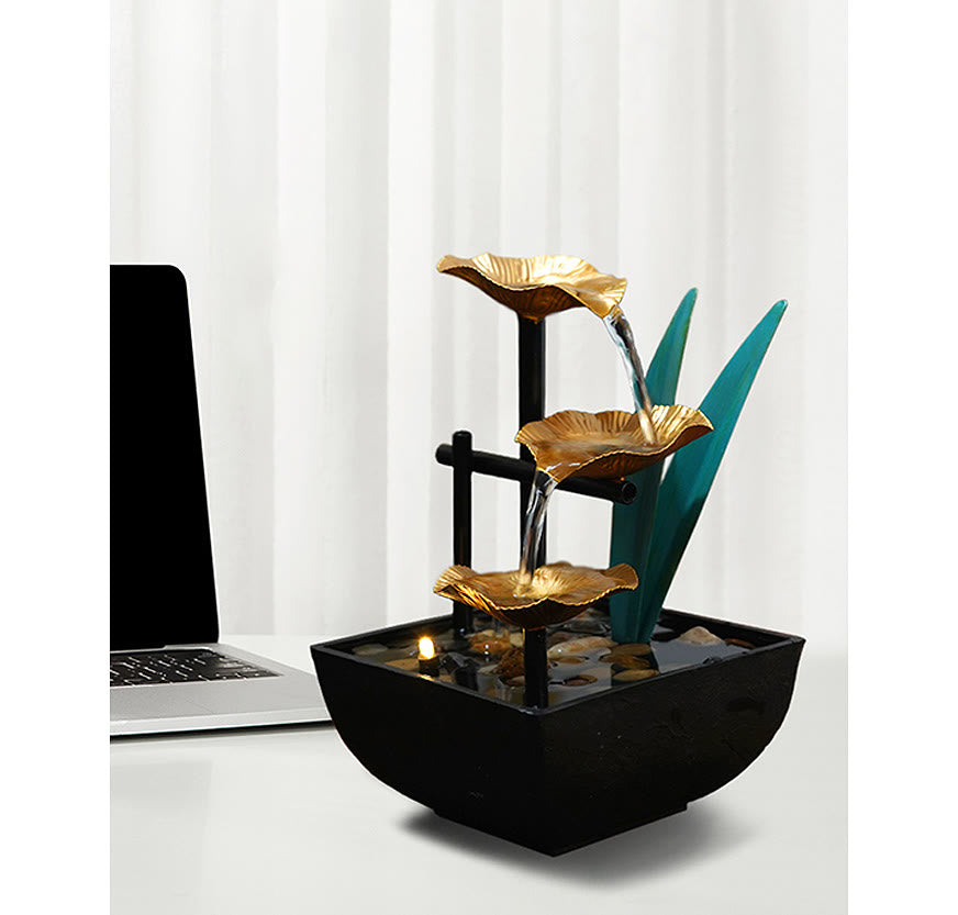 Nimara Ritual Three Layers Waterfall Fountain Tabletop Lotus Ornaments With River Rocks Desktop Decoration