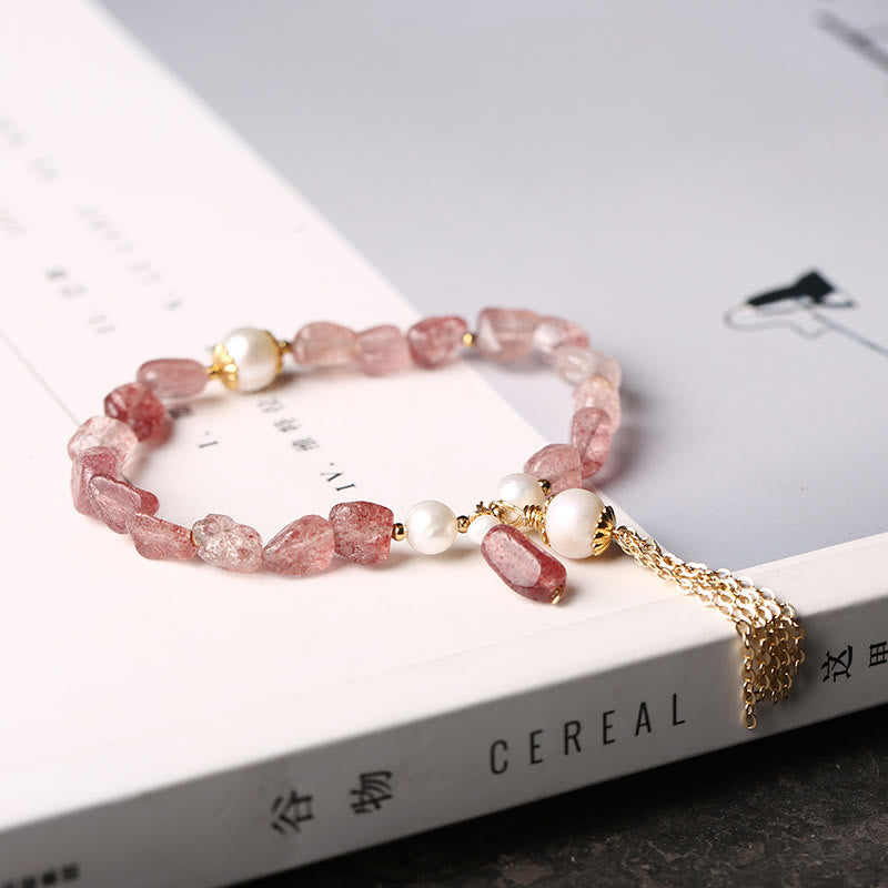 Nimara Ritual Natural Strawberry Quartz Pearl 14k Gold Plated Love Healing Bracelet