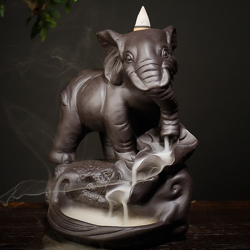 Nimara Ritual Tibetan Elephant Purple Clay Backflow Smoke Fountain Peace Healing Incense Burner Decoration