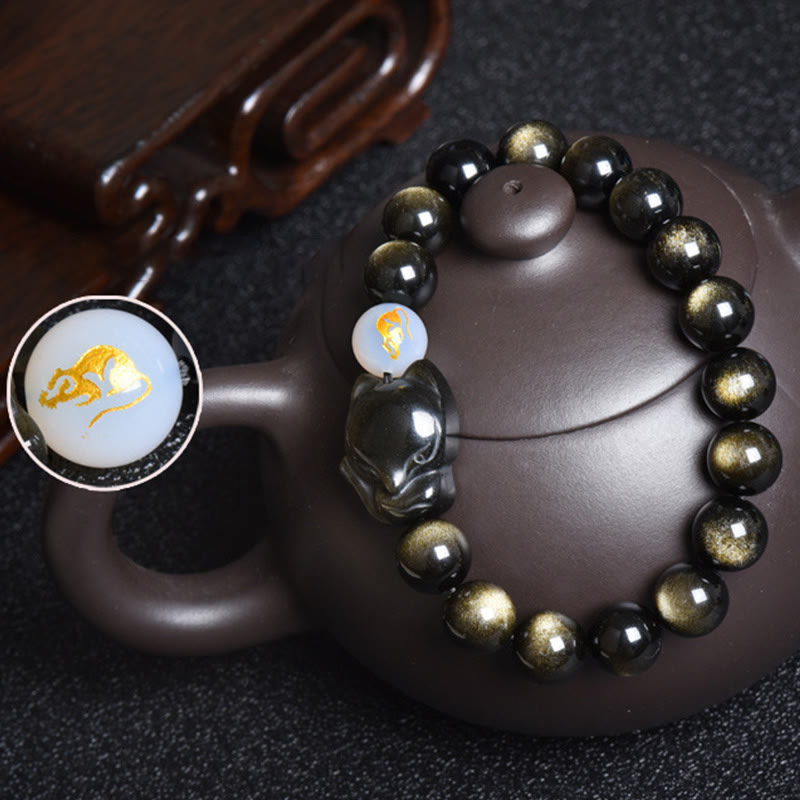 Nimara Ritual Natural Rainbow Obsidian Gold Sheen Obsidian Silver Sheen Obsidian Fox Healing Bracelet