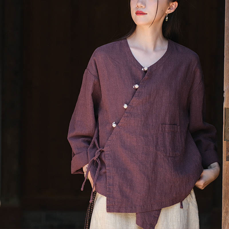 Nimara Ritual Solid Color Ramie Linen Loose Blouse Long Sleeve Shirt Chinese Hanfu Top