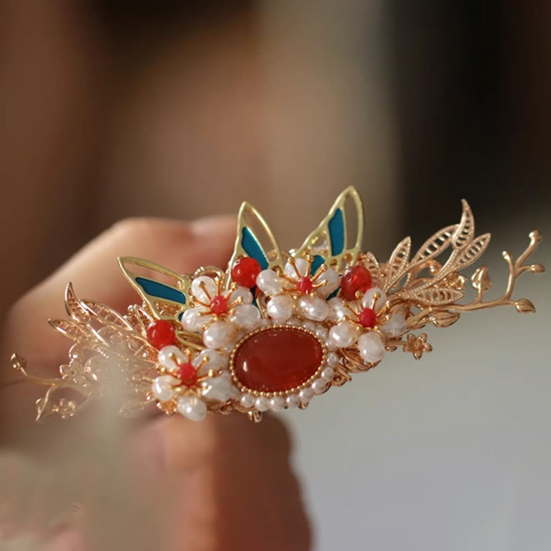 Nimara Ritual Classical Chinese Style Flower Branche Butterfly Pearl Tassel Hair Clip Hair Comb Hair Crown