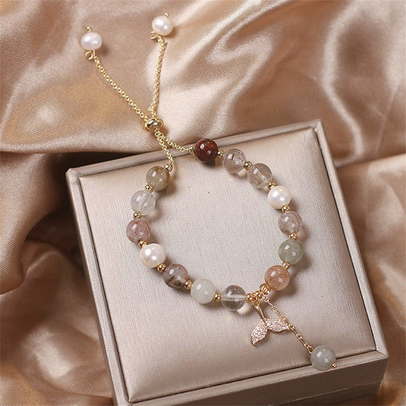 Nimara Ritual Strawberry Quartz Rutilated Quartz Fishtail Charm Healing Bracelet