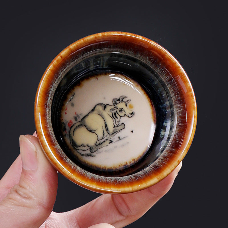 Nimara Ritual 12 Chinese Zodiac Pattern Ceramic Teacup Kung Fu Jian Chinese Zhan Tea Cup 73ml