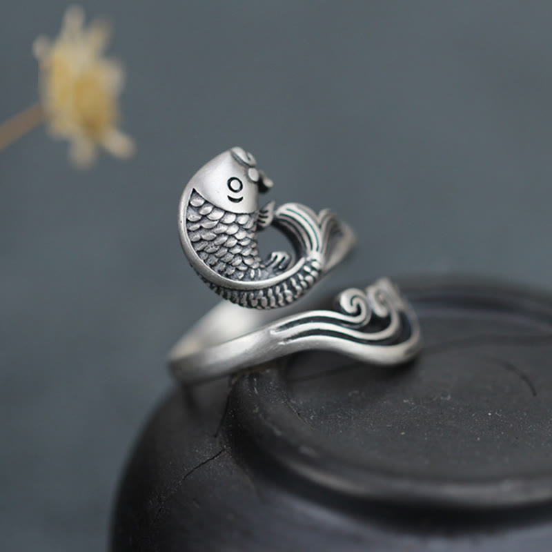 Nimara Ritual 925 Sterling Silver Koi Fish Water Ripple Luck Wealth Ring