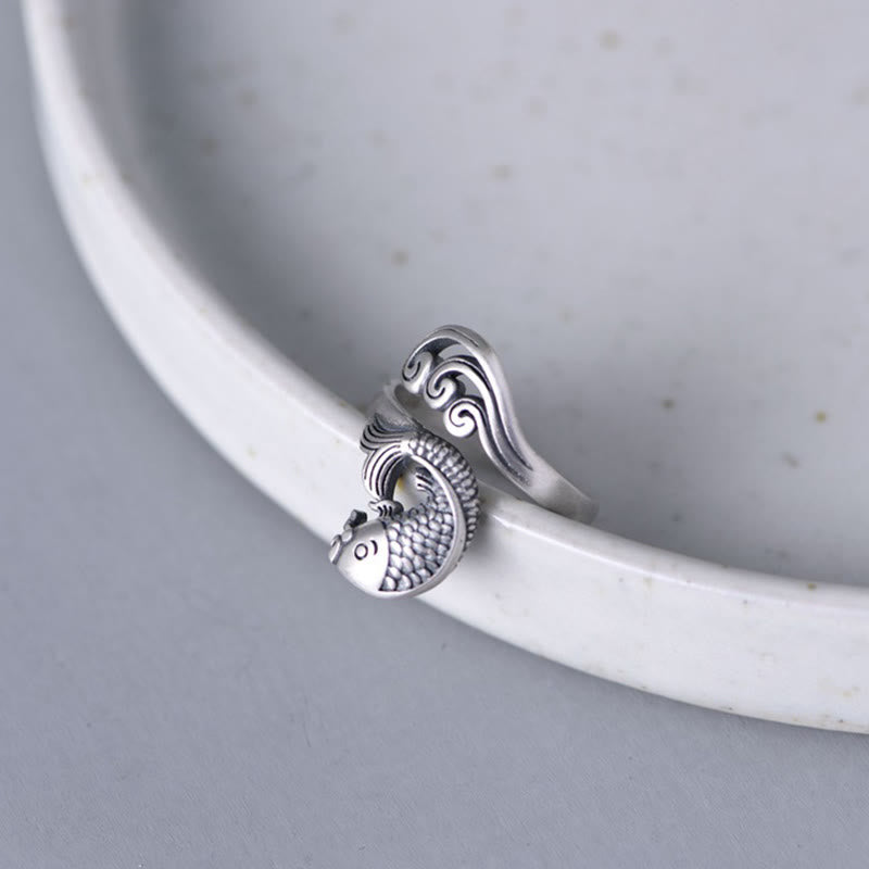 Nimara Ritual 925 Sterling Silver Koi Fish Water Ripple Luck Wealth Ring