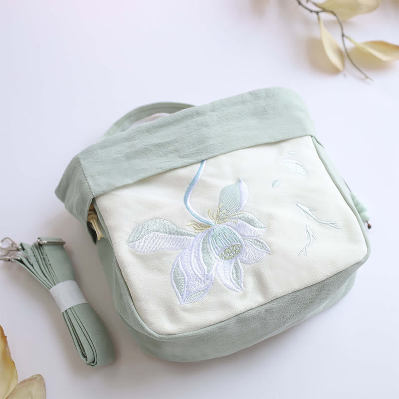 Nimara Ritual Suzhou Embroidery Lotus Epiphyllum Magnolia Cotton Linen Tote Crossbody Bag Shoulder Bag Handbag