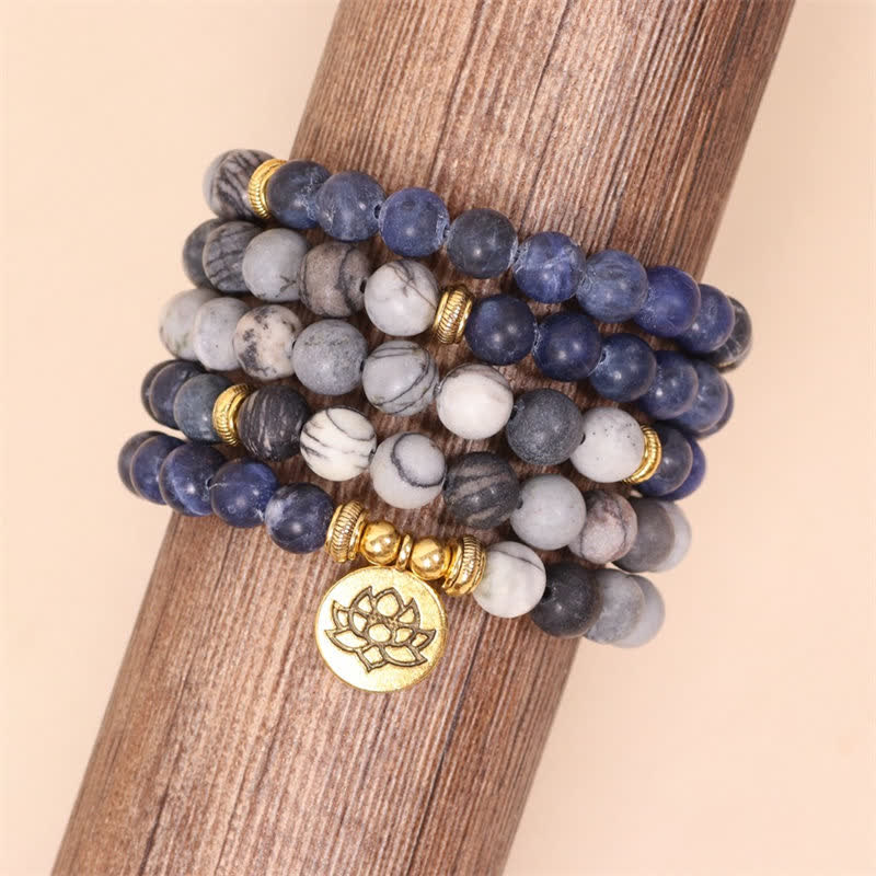 Nimara Ritual 108 Mala Beads Sodalite Zebra Jasper Crystal Lotus Strength Bracelet
