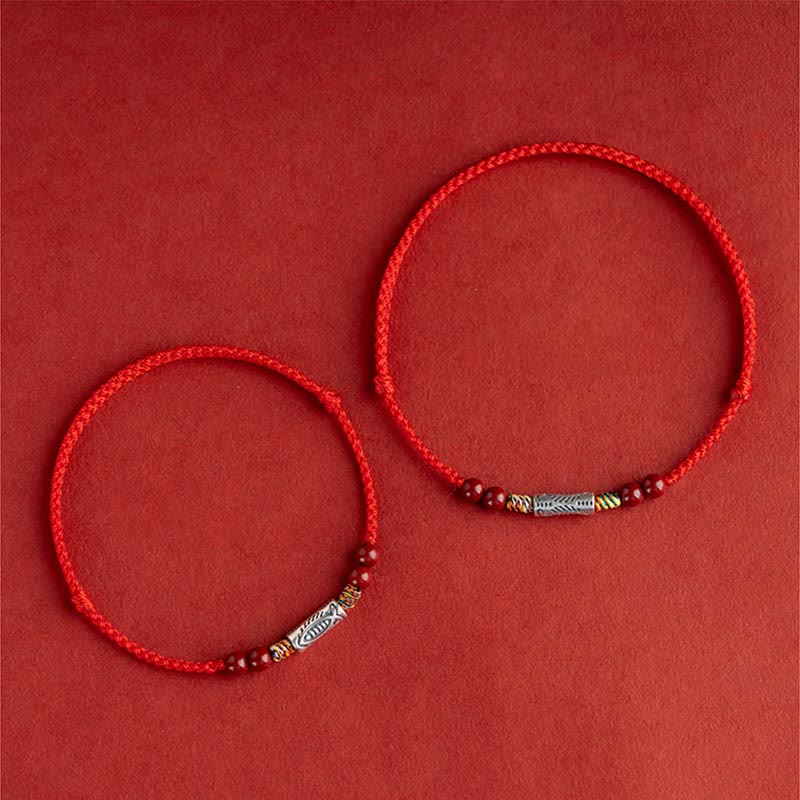 Nimara Ritual 925 Sterling Silver Koi Fish Cinnabar Bead Wealth Handcrafted Braided Bracelet Anklet