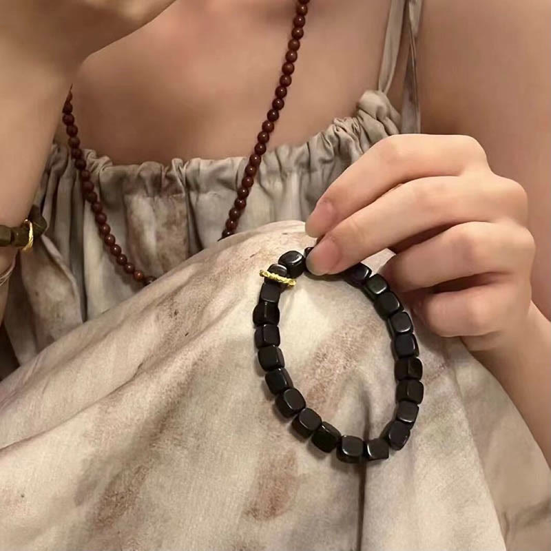 Nimara Ritual Tibetan Ebony Wood Square Beads Peace Calm Bracelet