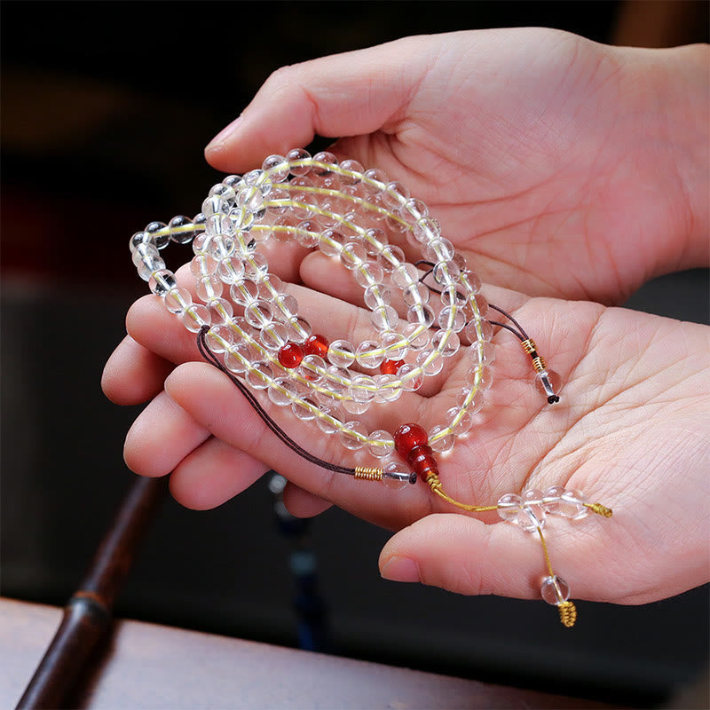 Nimara Ritual 108 Mala Beads 925 Sterling Silver Natural White Agate Red Agate Quadruple Wrap Protection Bracelet
