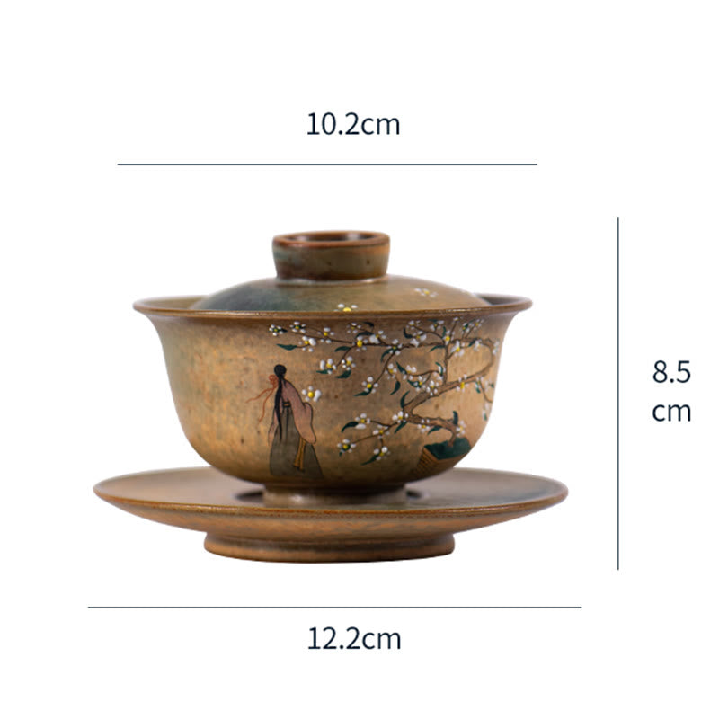 Nimara Ritual Jingdezhen Hand Painted Ru Kiln Porcelain Hanfu Girl Flower Ceramic Gaiwan Sancai Teacup Kung Fu Tea Cup And Saucer With Lid