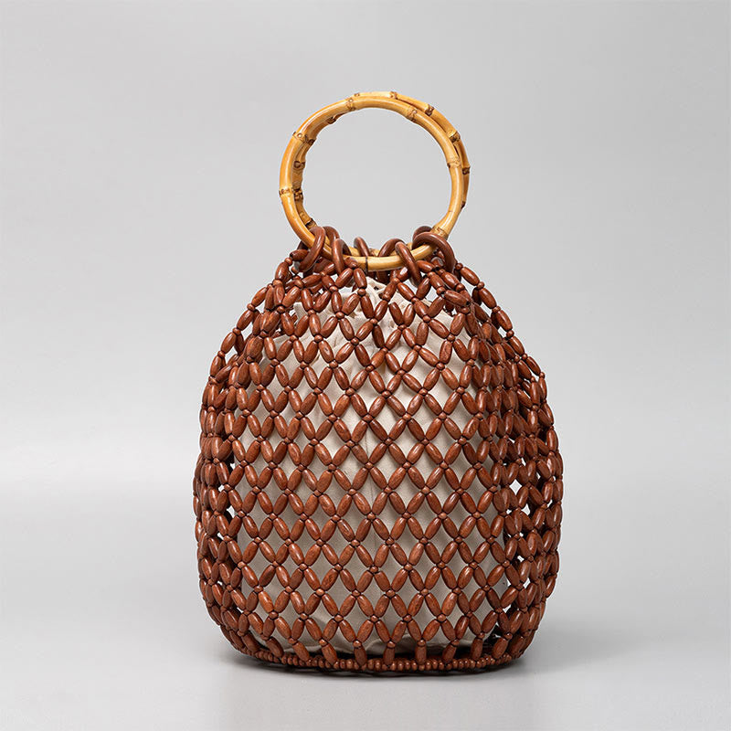 Nimara Ritual Hand-woven Wooden Beads Bamboo Handle Shoulder Bag Handbag