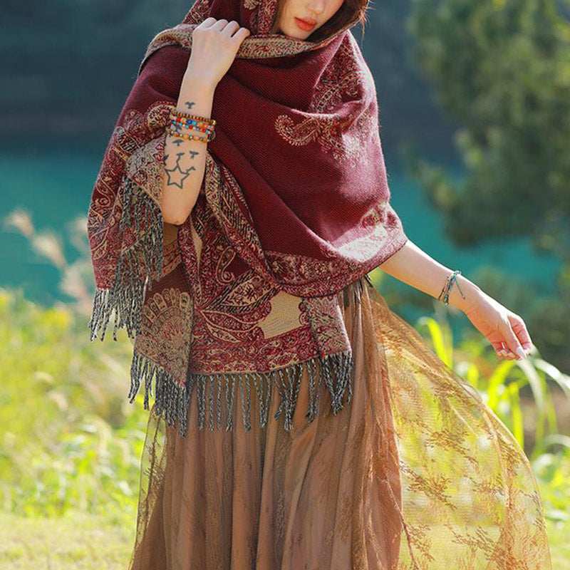 Nimara Ritual Tibetan Vine Leaves Pattern Design Shawl Cozy Travel Scarf Wrap