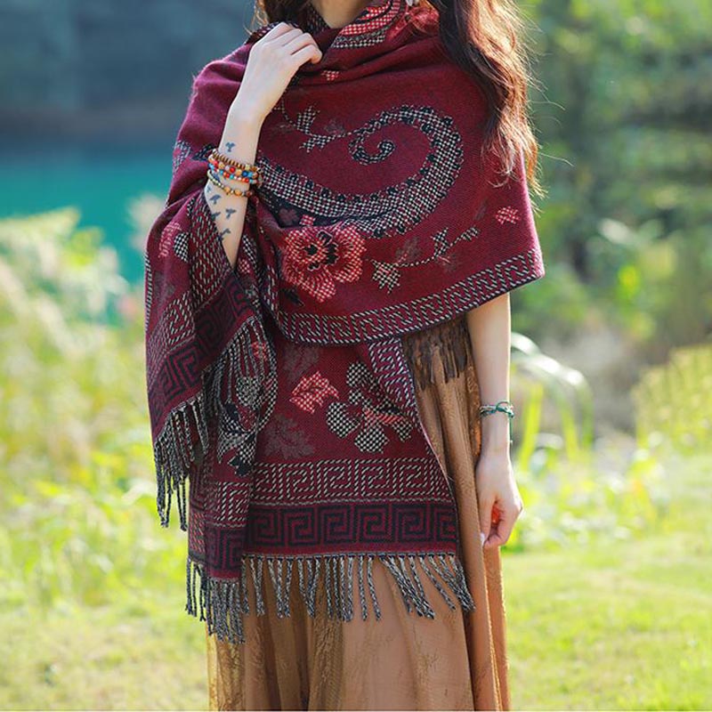 Nimara Ritual Tibetan Flowers Leaves Pattern Design Shawl Cozy Travel Scarf Wrap