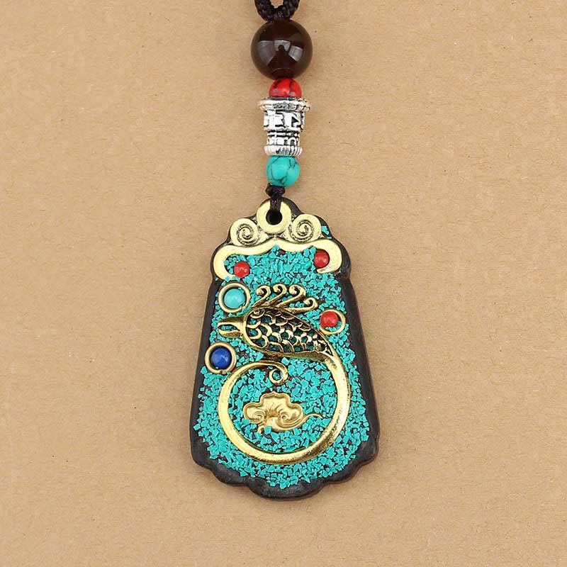 Nimara Ritual Tibet God Of Wealth Money Tree Golden Phoenix Thangka Ebony Peace Necklace Pendant