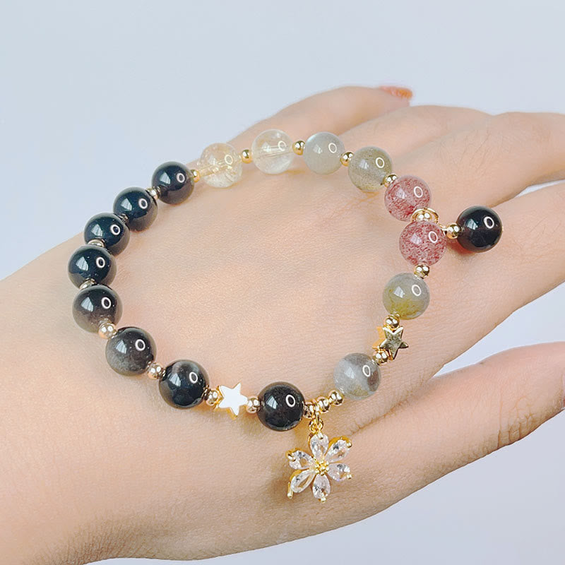Nimara Ritual Natural Silver Sheen Obsidian Love Heart Star Flower Protection Bracelet