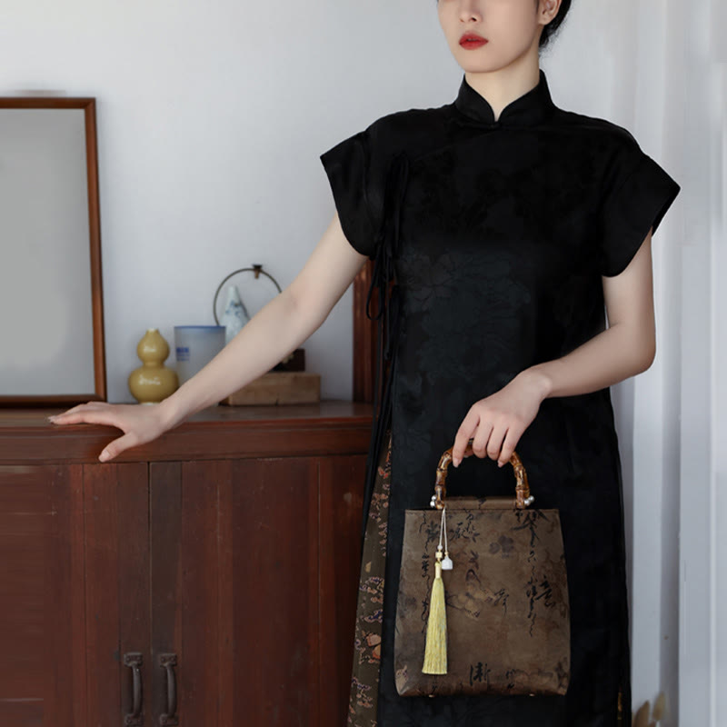 Nimara Ritual Bamboo Leaves Butterfly Koi Fish Bamboo Handles Handbag