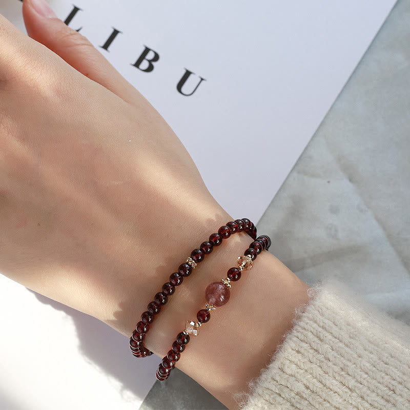 Nimara Ritual 14K Gold Plated Natural Garnet Strawberry Quartz Stability Double Wrap Bracelet