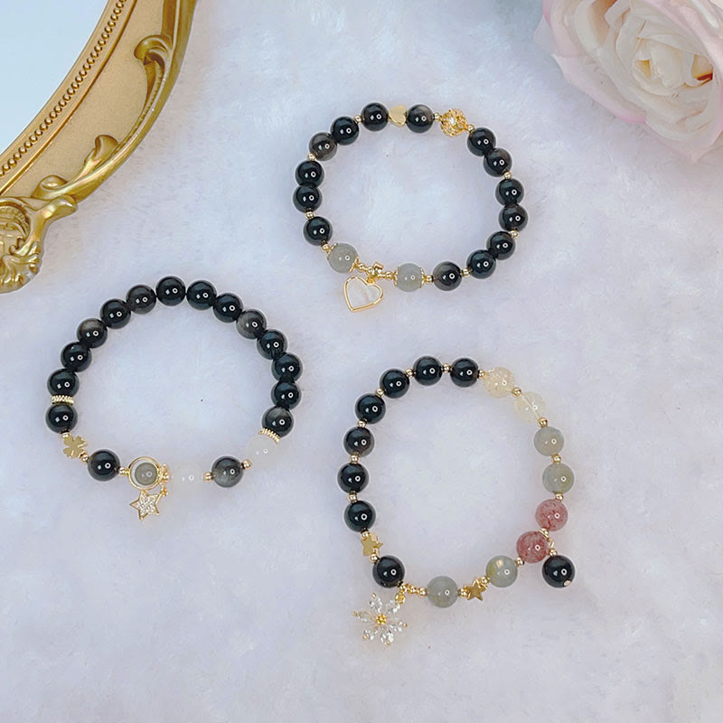 Nimara Ritual Natural Silver Sheen Obsidian Love Heart Star Flower Protection Bracelet
