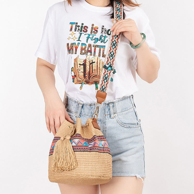 Nimara Ritual Beach Geometry Straw Woven Bucket Tassels Crossbody Bag Shoulder Bag