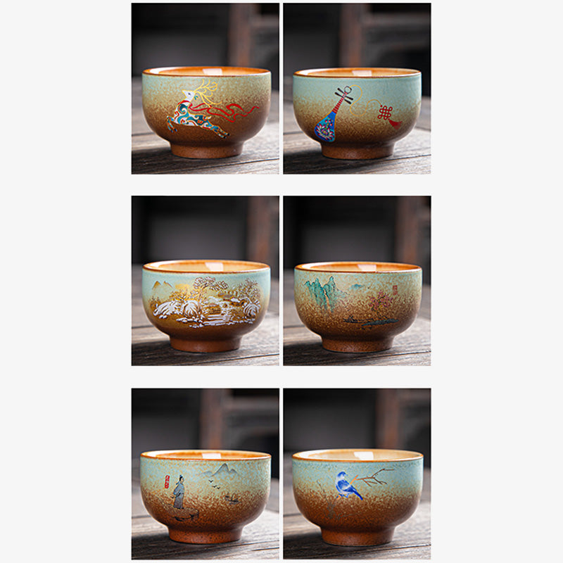 Nimara Ritual Colorful Deer Pipa Snow Plum Blossoms Mountains Rivers Bird Ceramic Teacup Kung Fu Tea Cup Bowl