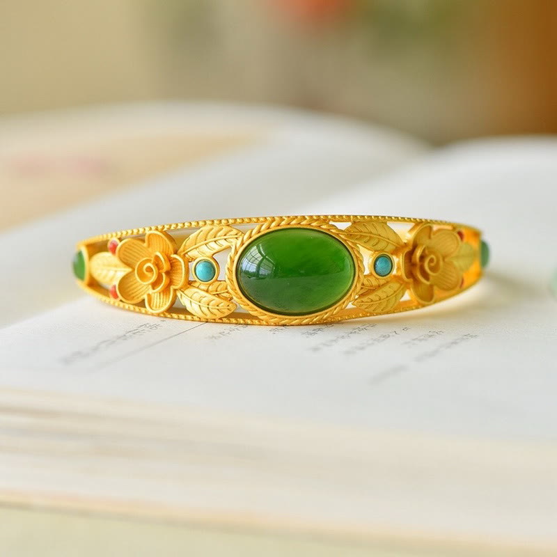 Nimara Ritual Cyan Jade White Jade Flower Leaf Harmony Luck Bracelet Bangle