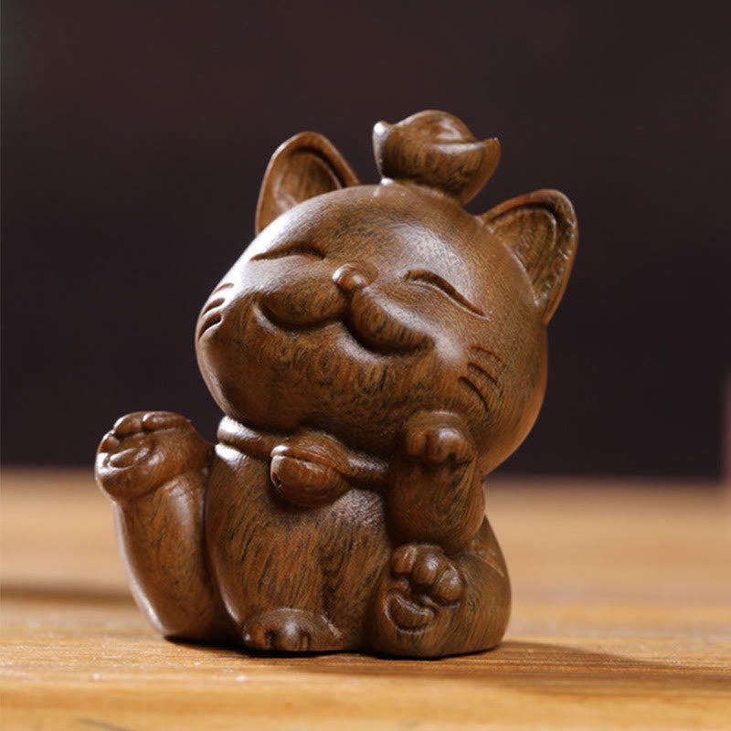 Nimara Ritual Mini Green Sandalwood Ingot Lucky Cat Carved Peace Desk Decorations
