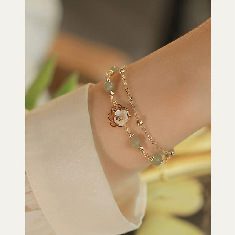 Nimara Ritual 14K Gold Plated Jade Butterfly Tridacna Stone Flower Double Layer Luck Bracelet