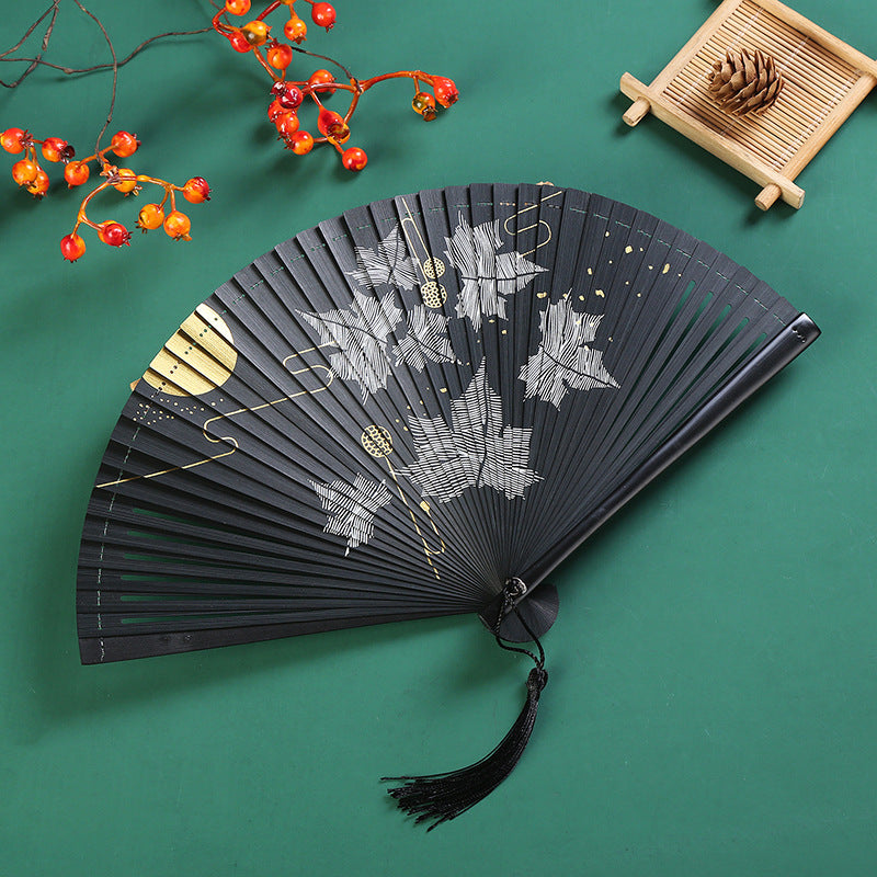 Nimara Ritual Vintage Cloud Crane Maple Leaf Pattern Handheld Bamboo Folding Fan