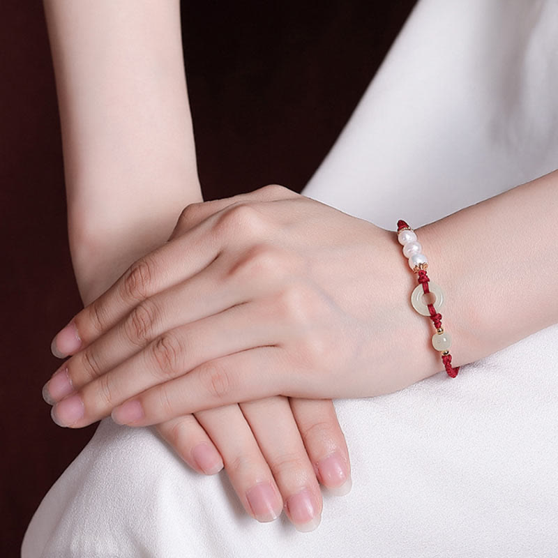 Nimara Ritual 925 Sterling Silver Plated Gold Hetian Jade Peace Buckle Pearl Luck Bracelet