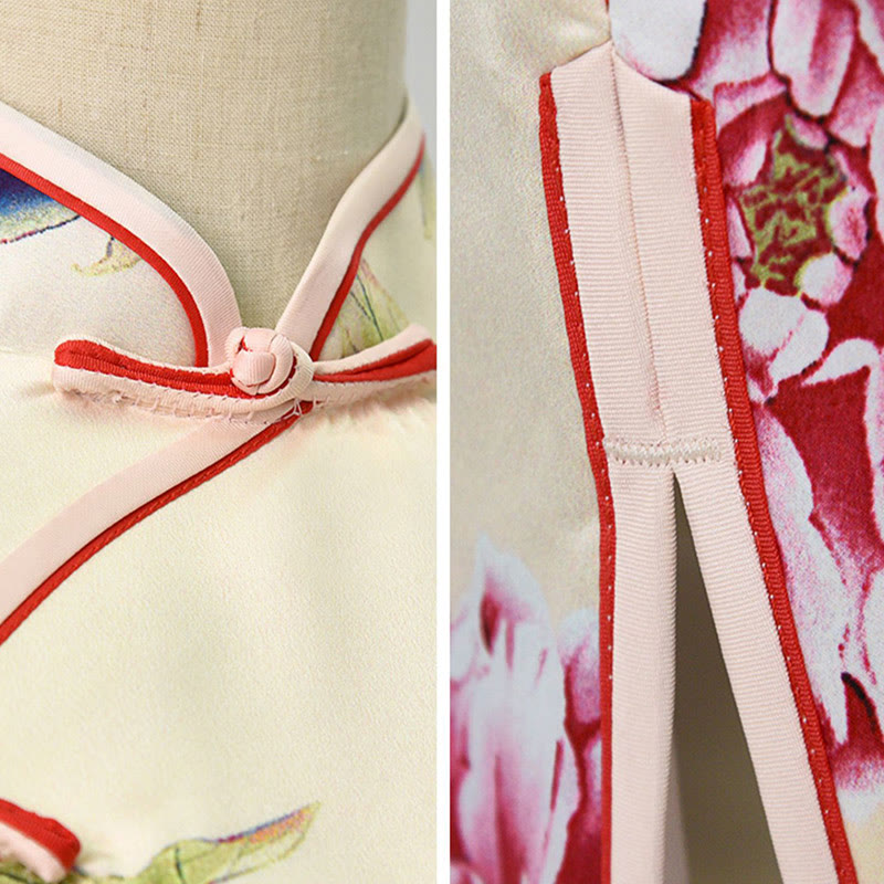 Nimara Ritual Peony Flower Print Cheongsam Dress Women's Qipao