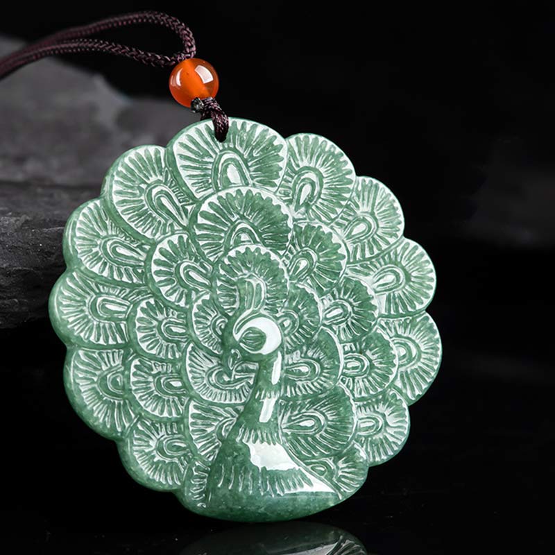 Nimara Ritual Natural Jade Peacock Luck Prosperity Necklace Pendant