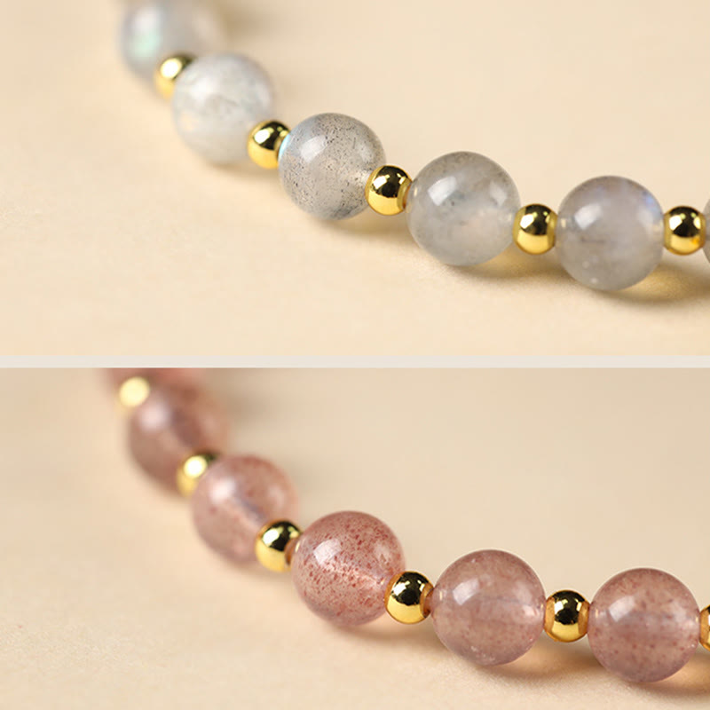 Nimara Ritual 14K Gold Plated Natural Strawberry Quartz Labradorite Sun Stone Fu Character Positive Charm Bracelet