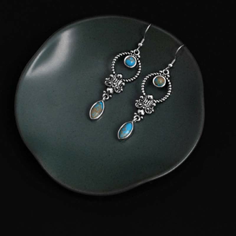 Nimara Ritual 925 Sterling Silver Hook Vintage Copper Plated Silver Turquoise Waterdrop Pattern Balance Drop Dangle Earrings
