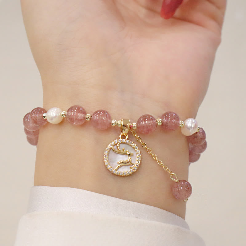 Nimara Ritual Strawberry Quartz Pearl Elk Smiley Face Fishtail Fu Character Charm Healing Bracelet