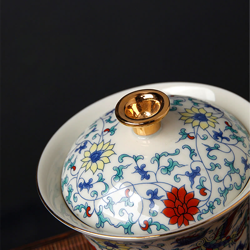 Nimara Ritual Retro Plum Blossom Pine Bamboo Phoenix Kirin Ceramic Gaiwan Sancai Teacup Kung Fu Tea Cup and Saucer with Lid