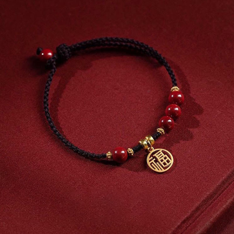 Nimara Ritual Cinnabar Bead Fu Character Charm Blessing Braided String Bracelet