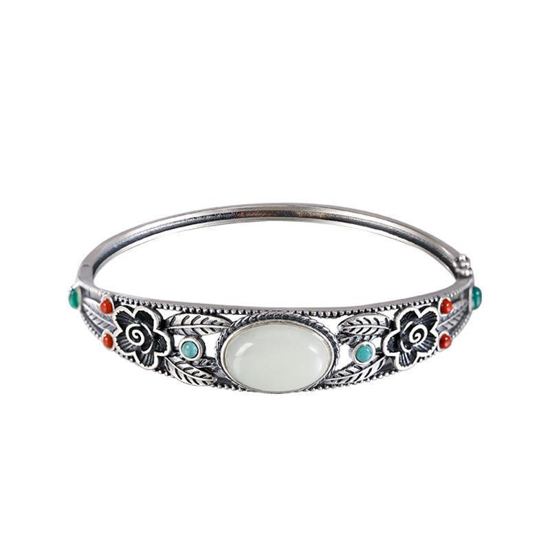 Nimara Ritual Cyan Jade White Jade Flower Leaf Harmony Luck Bracelet Bangle