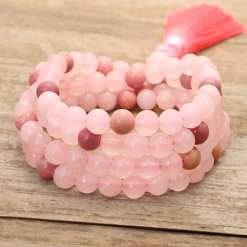 Nimara Ritual 108 Mala Beads Pink Crystal Love Tassel Bracelet