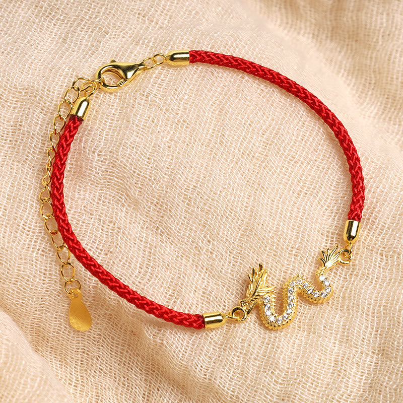Nimara Ritual 925 Sterling Silver Year Of The Dragon Auspicious Golden Dragon Luck Red Rope Chain Bracelet