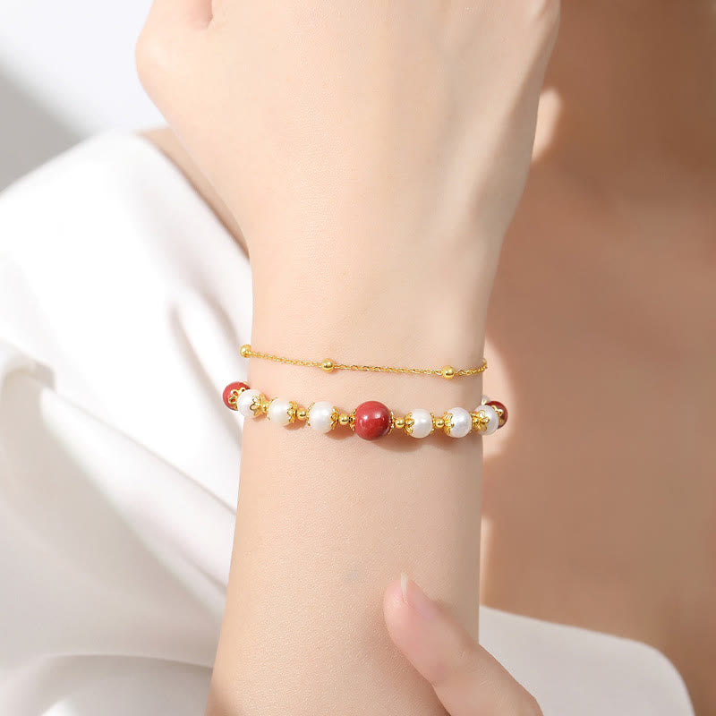 Nimara Ritual 925 Sterling Silver Pearl Cinnabar Wisdom Bead Double Layer Chain Bracelet