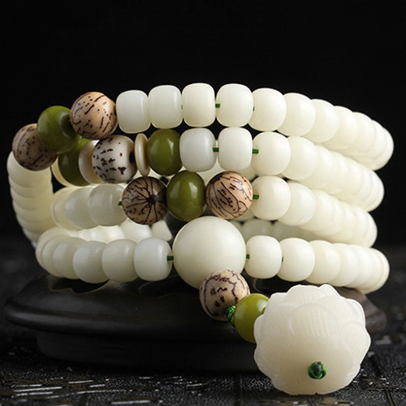 Nimara Ritual White Jade Bodhi Lotus Mala Harmony Necklace Bracelet